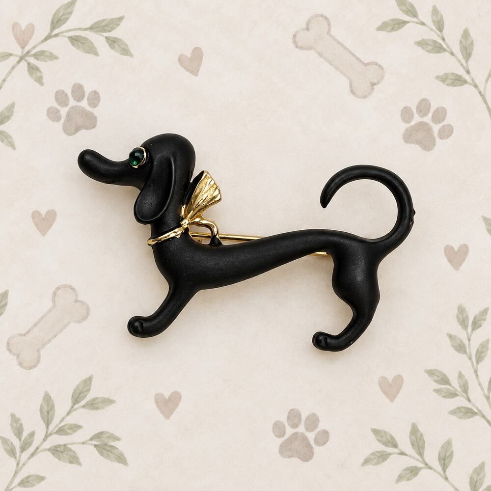 Black Dachshund Dog Brooch Pin Green Eyes Whimsical Puppy Jewelry CP169